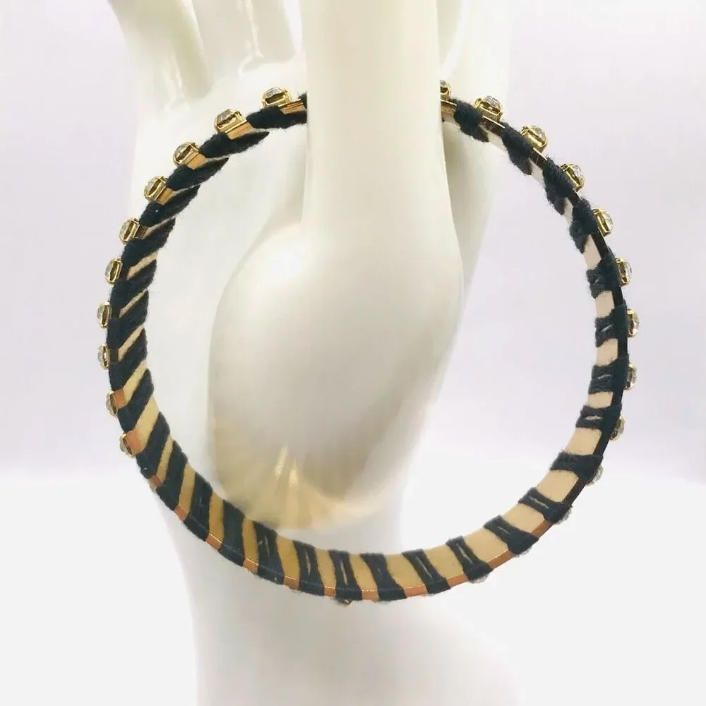 Gold Black Woven Rhinestone Bangle Bracelet